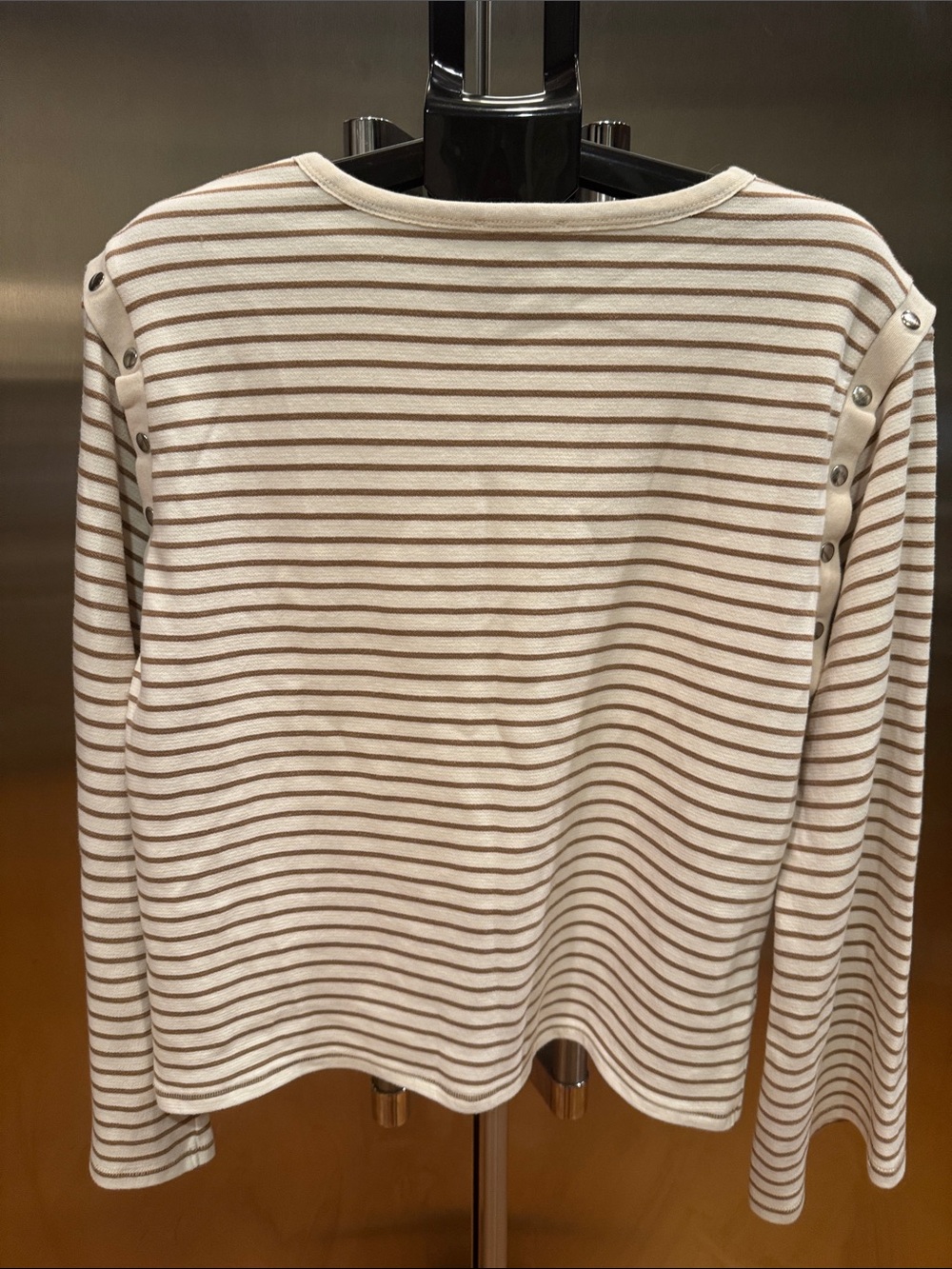 Anthropologie Cream and Tan Striped Button-Shoulder Long Sleeve Top - Picture 6 of 12